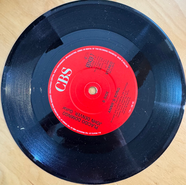 Placido Domingo - Perhaps Love / Annie's Song - Used Vinyl Record 7" image 4