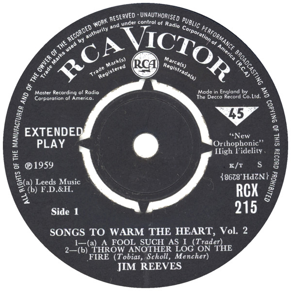 Jim Reeves - Songs To Warm The Heart Vol.2 - Used Vinyl Record 7" image 3