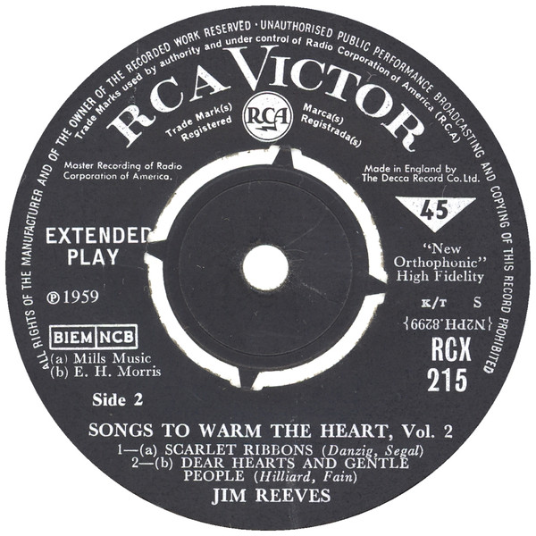 Jim Reeves - Songs To Warm The Heart Vol.2 - Used Vinyl Record 7" image 4