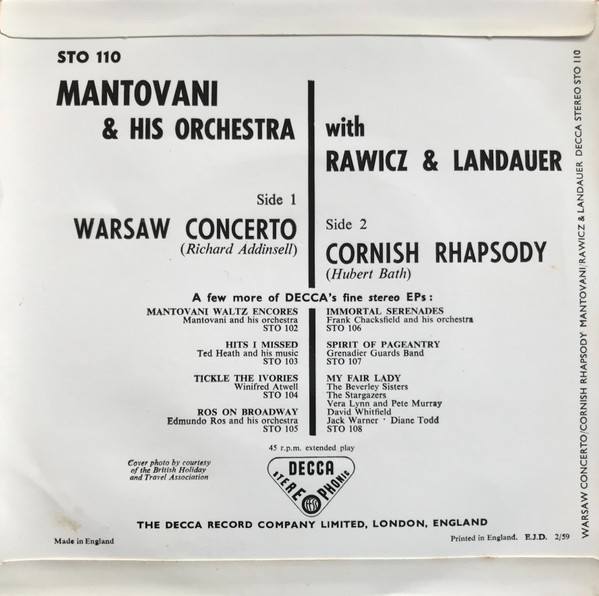 Mantovani And His Or - Warsaw Concerto / Cornish Rhapsody - Used Viny image 2