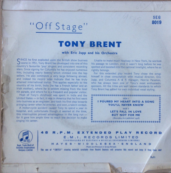 Tony Brent - Off Stage - Used Vinyl Record 7" image 2