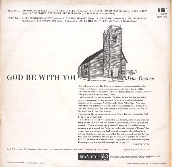 Jim Reeves - God Be With You - Used Vinyl Record image 2
