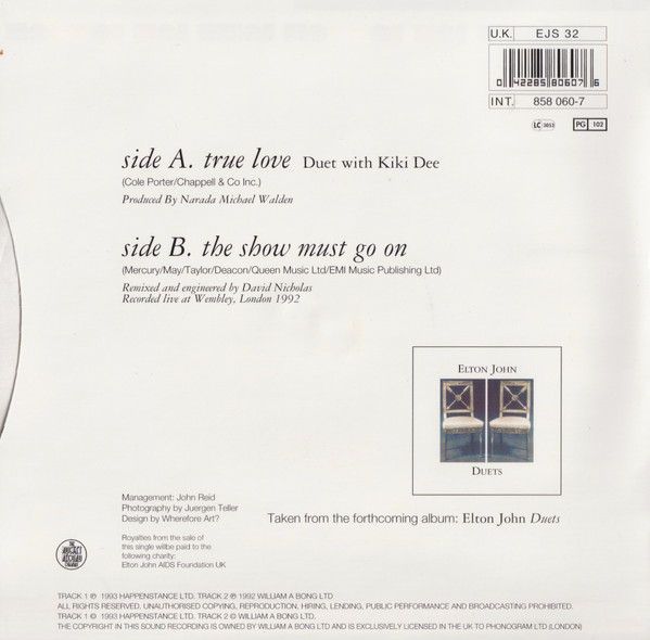 Elton John - True Love - Used Vinyl Record 7" image 2