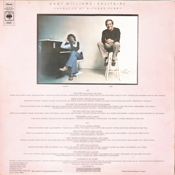 Andy Williams - Solitaire - Used Vinyl Record image 2