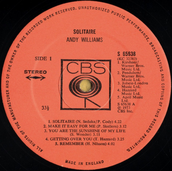 Andy Williams - Solitaire - Used Vinyl Record image 3