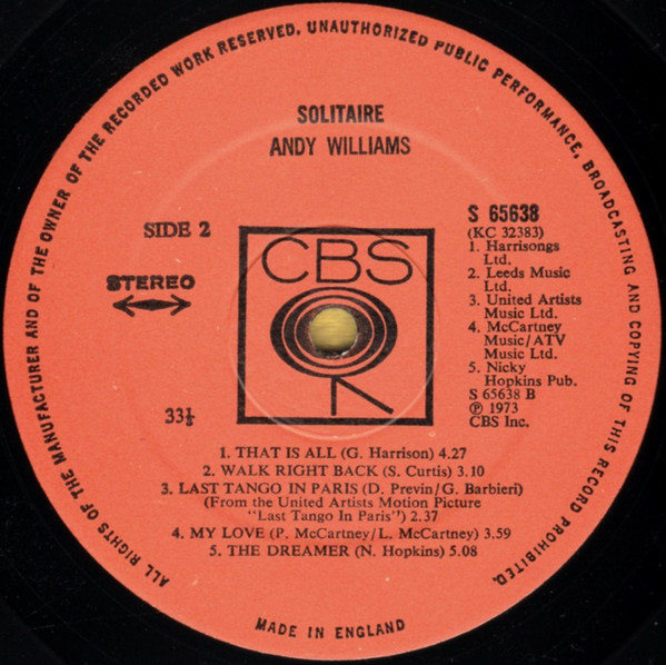 Andy Williams - Solitaire - Used Vinyl Record image 4