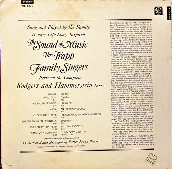 Trapp Family Singers - Sound Of Music - Used Vinyl Record image 2