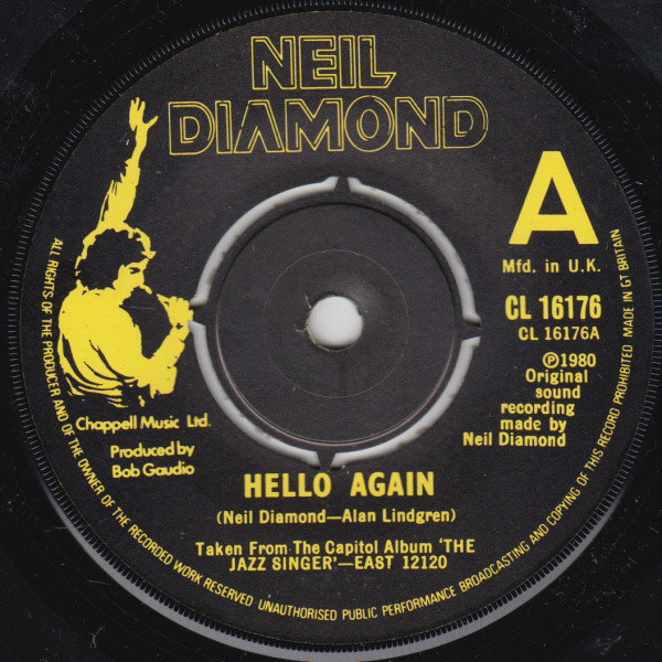 Neil Diamond - Hello Again - Used Vinyl Record 7" image 3