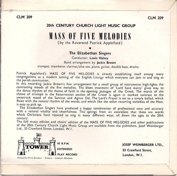 Elizabethan Singers - Mass Of Five Melodies - Used Vinyl Record 7" image 2