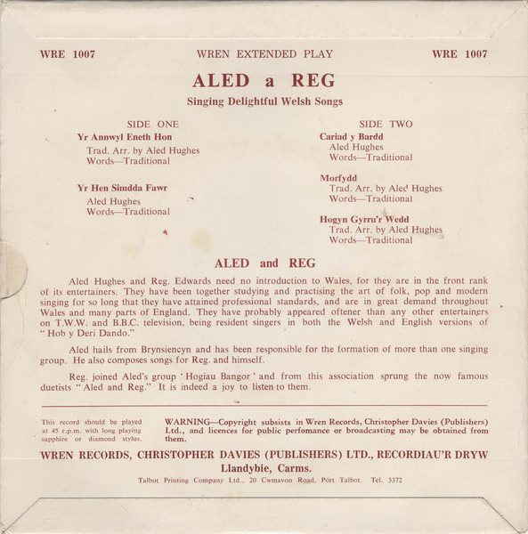 Aled Hughes - Singing Delightful Welsh Songs - Used Vinyl Record 7" image 2