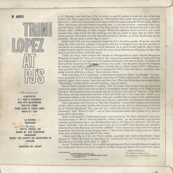 Trini Lopez - At PJ's - Used Vinyl Record image 2