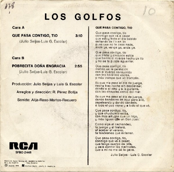 Los Golfos - ¿Que Pasa Contigo, Tio? - Used Vinyl Record 7" image 2