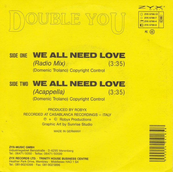 Double You - We All Need Love - Used Vinyl Record 7" image 2