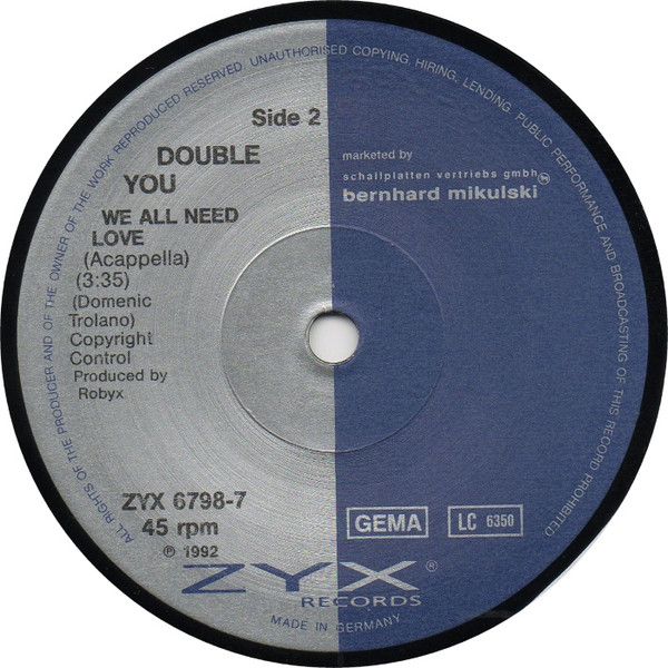 Double You - We All Need Love - Used Vinyl Record 7" image 4