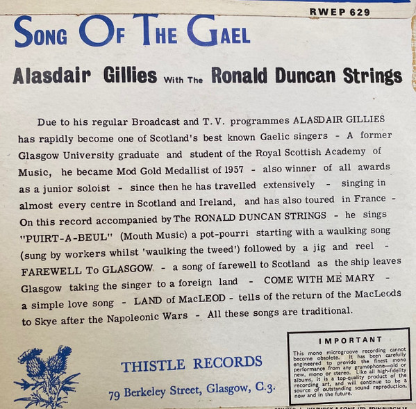Alasdair Gillies - Song Of The Gael - Used Vinyl Record 7" image 2