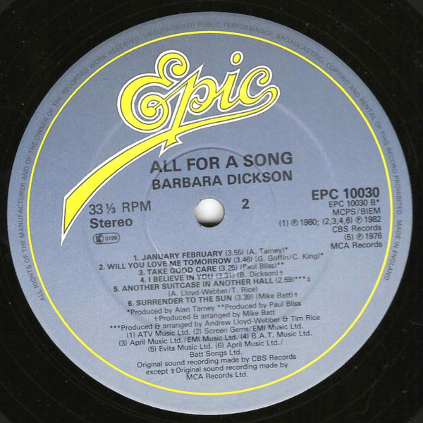 Barbara Dickson - All For A Song - Used Vinyl Record image 4