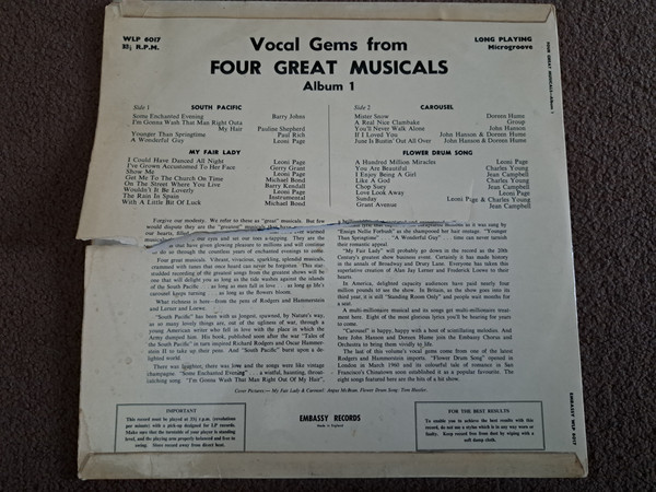 Various - Vocal Gems From Four Great Musicals Album 1 - Used Vinyl R image 2