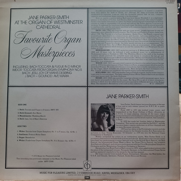 Jane Parker-Smith - Favourite Organ Masterpieces - Used Vinyl Record image 2