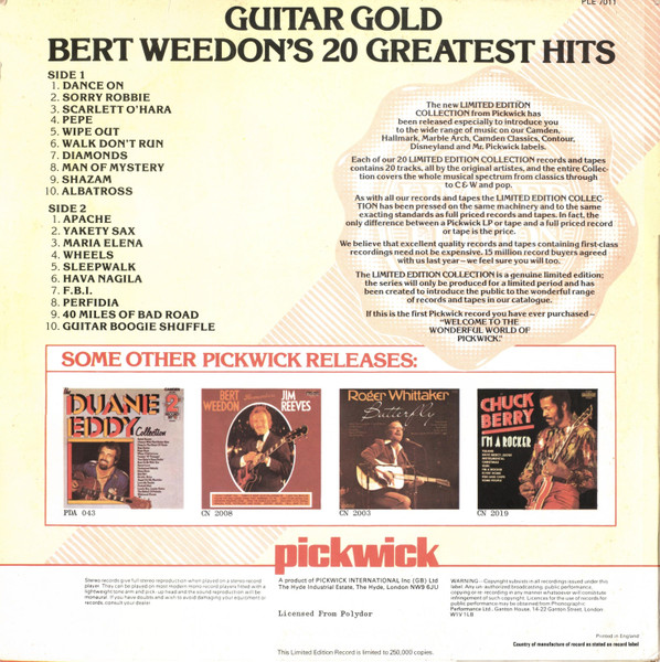 Bert Weedon - Guitar Gold ('s 20 Greatest Hits) - Used Vinyl Record image 2