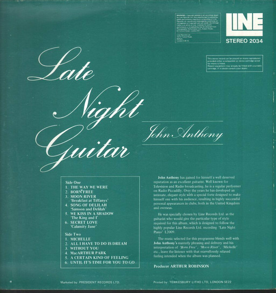 John Anthony - Late Night Guitar - Used Vinyl Record image 2