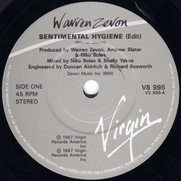 Warren Zevon - Sentimental Hygiene - Used Vinyl Record 7" image 3