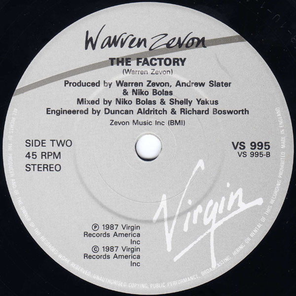Warren Zevon - Sentimental Hygiene - Used Vinyl Record 7" image 4