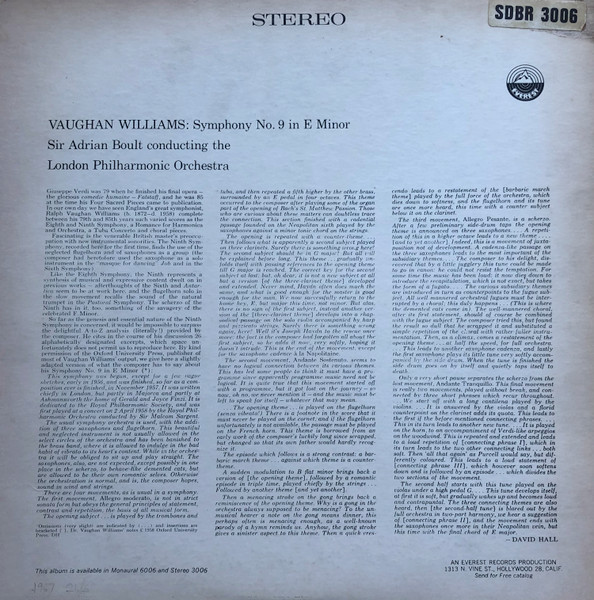 Ralph Vaughan Willia - Symphony No. 9 In E Minor - Used Vinyl Record image 2