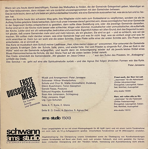 Various - Erste Duisburger Messe Fur Combo, Schola Und Gemeinde - Us image 2