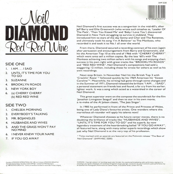 Neil Diamond - Red, Red Wine - Used Vinyl Record image 2