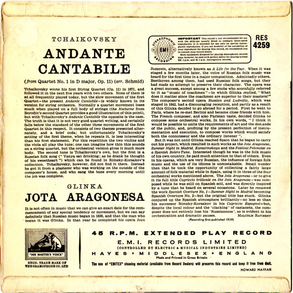 Pyotr Ilyich Tchaiko - Andante Cantabile / Jota Aragonesa - Used Vin image 2