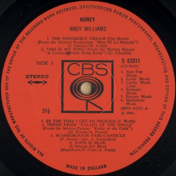 Andy Williams - Honey - Used Vinyl Record image 3