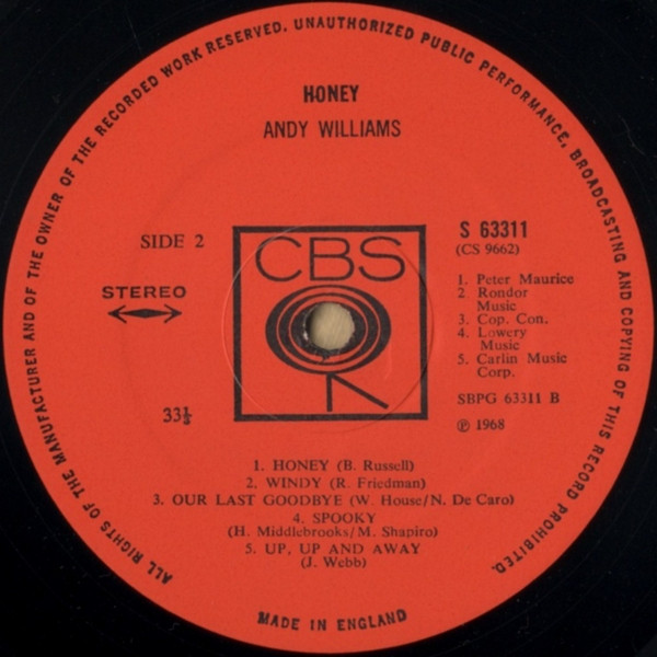 Andy Williams - Honey - Used Vinyl Record image 4