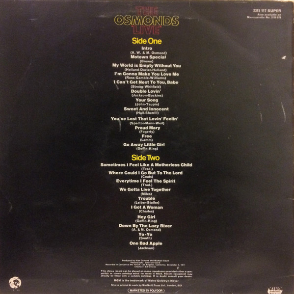 Osmonds - Live - Used Vinyl Record image 2