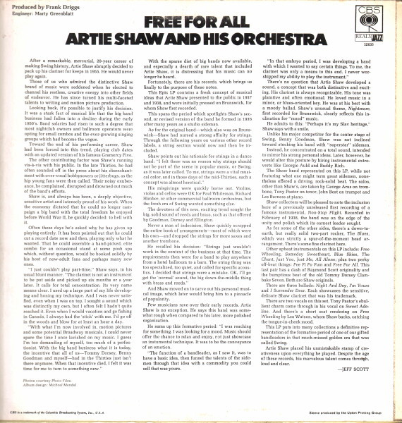 Artie Shaw And His O - Free For All - Used Vinyl Record image 2