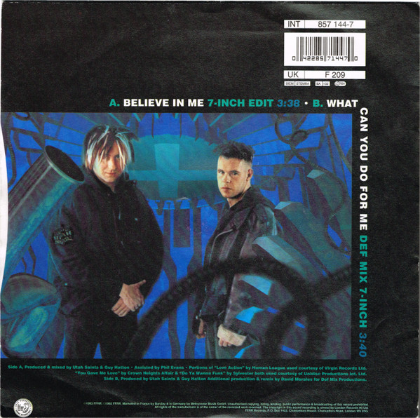 Utah Saints - Believe In Me - Used Vinyl Record 7" image 2