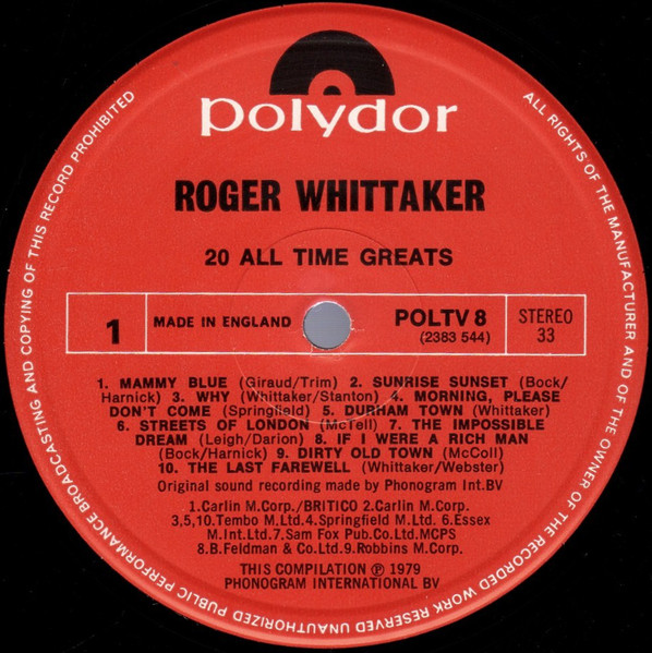Roger Whittaker - 20 All Time Greats - Used Vinyl Record image 4