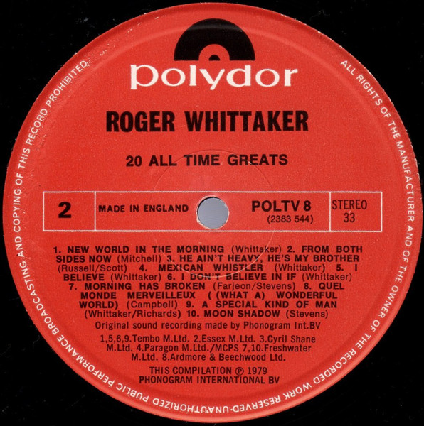 Roger Whittaker - 20 All Time Greats - Used Vinyl Record image 5
