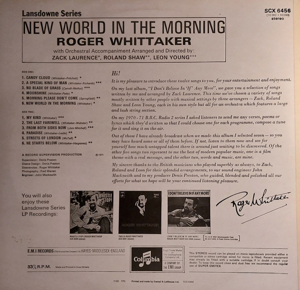 Roger Whittaker - New World In The Morning - Used Vinyl Record image 2