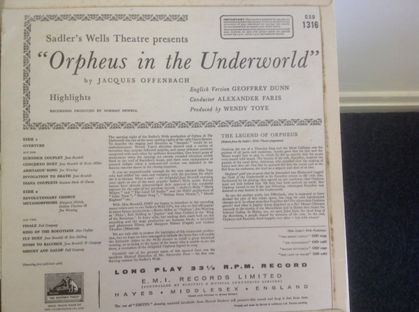 Sadler's Wells Opera - Orpheus In The Underworld - Used Vinyl Record image 2