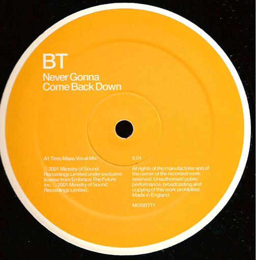 BT - Never Gonna Come Back Down - Used Vinyl Record 12" image 3