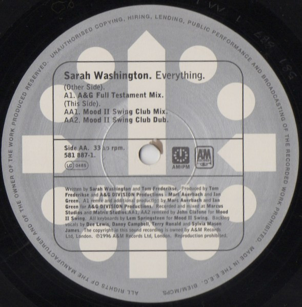 Sarah Washington - Everything (A&G / Mood II Swing Mixes) - Used Viny image 4