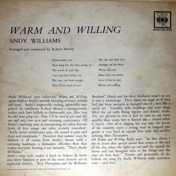 Andy Williams - Warm And Willing - Used Vinyl Record image 2