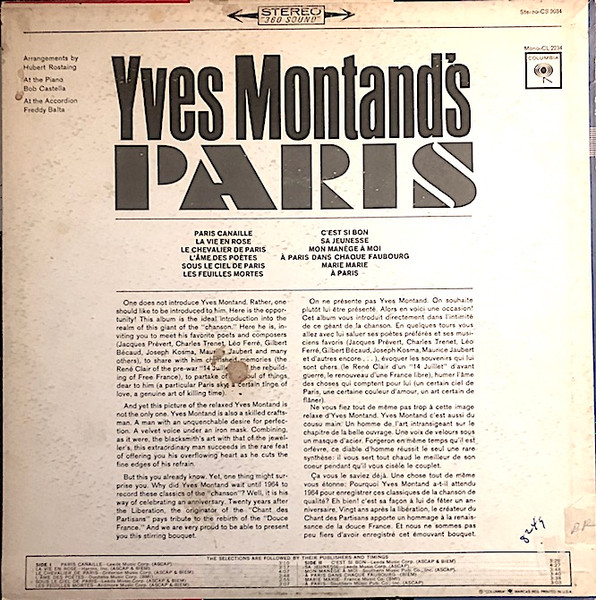 Yves Montand - 's Paris - Used Vinyl Record image 2