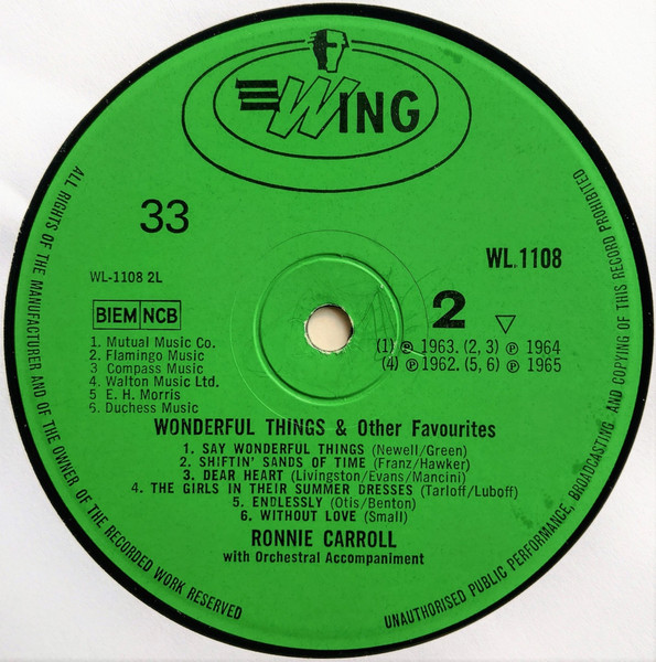 Ronnie Carroll - Wonderful Things And Other Favourites - Used Vinyl image 4