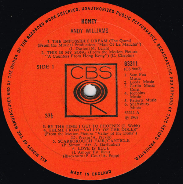 Andy Williams - Honey - Used Vinyl Record image 3