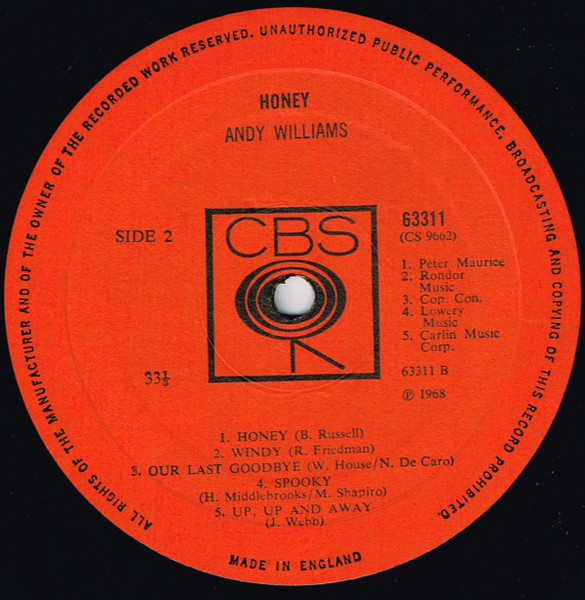Andy Williams - Honey - Used Vinyl Record image 4