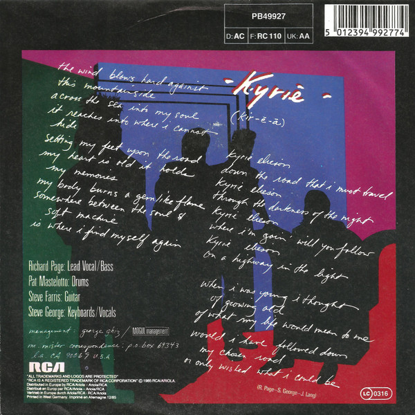 Mr. Mister - Kyrie - Used Vinyl Record 7" image 2
