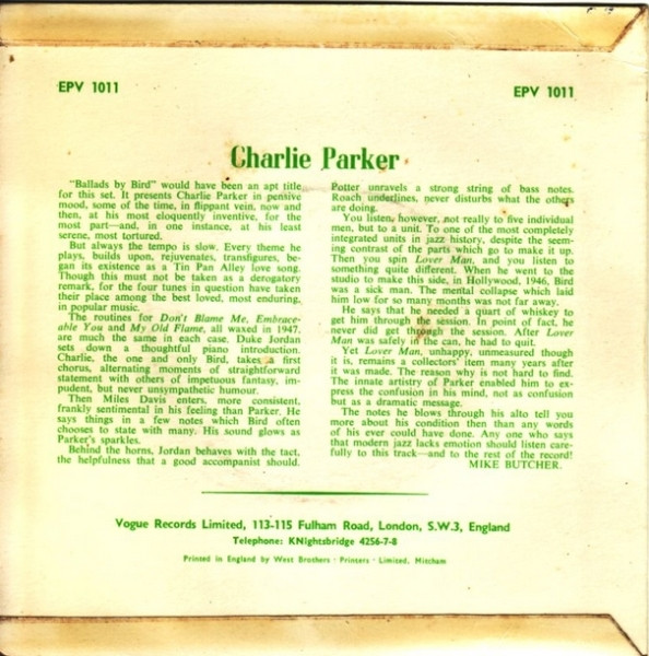 Charlie Parker - Plays - Used Vinyl Record 7" image 2