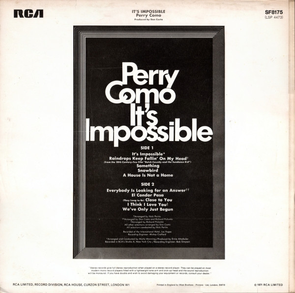 Perry Como - It's Impossible - Used Vinyl Record image 2