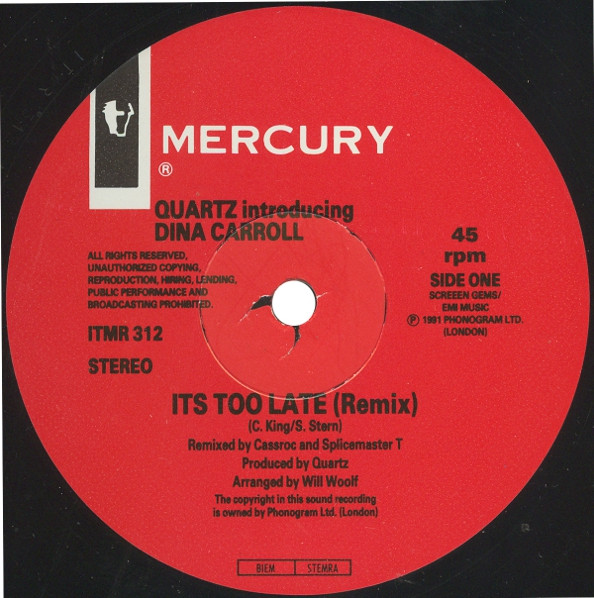 Quartz - It's Too Late (Remix) - Used Vinyl Record 12" image 3
